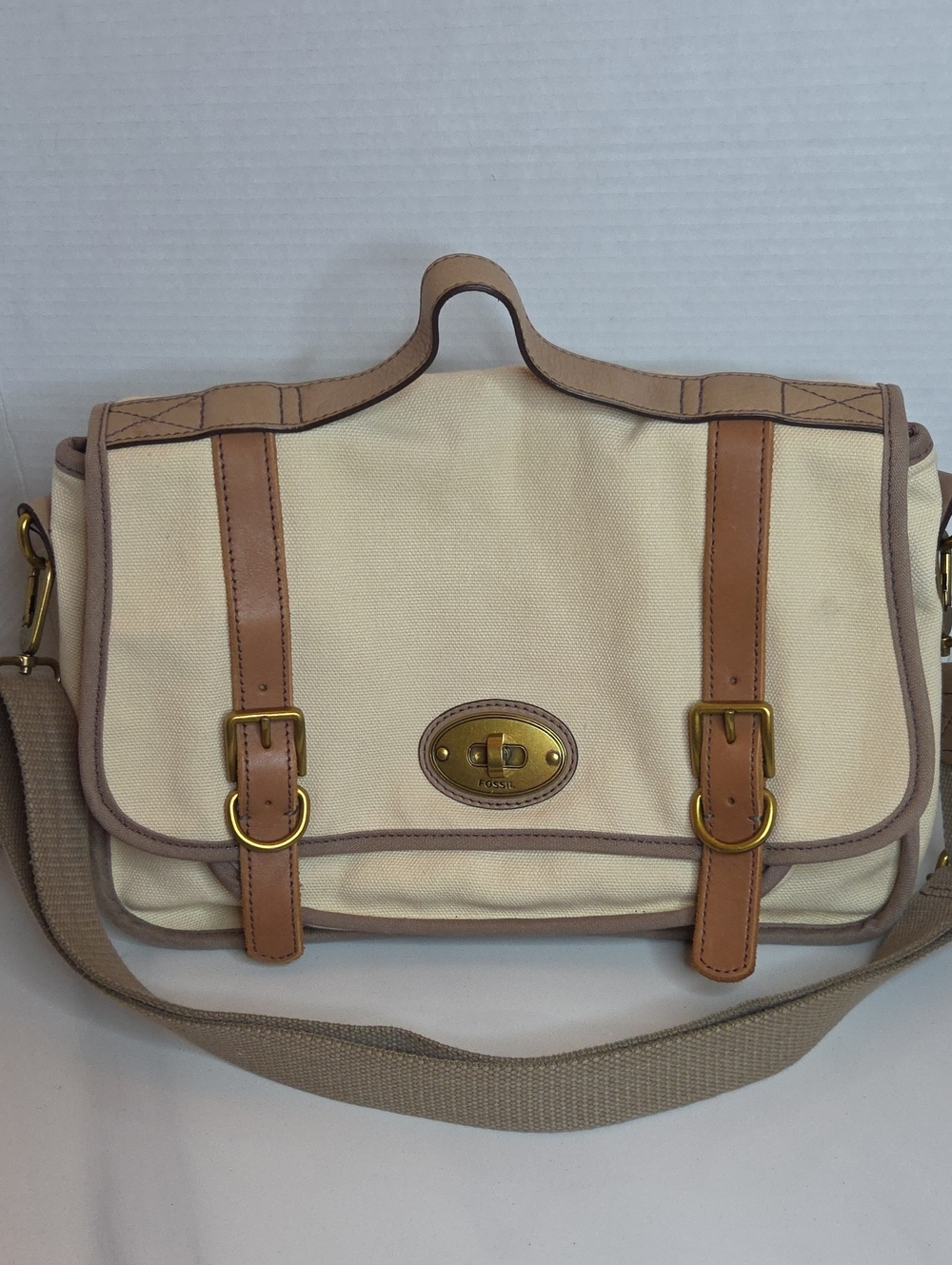 Fossil Cream Canvas Messenger Bag with Tan Leather Trim